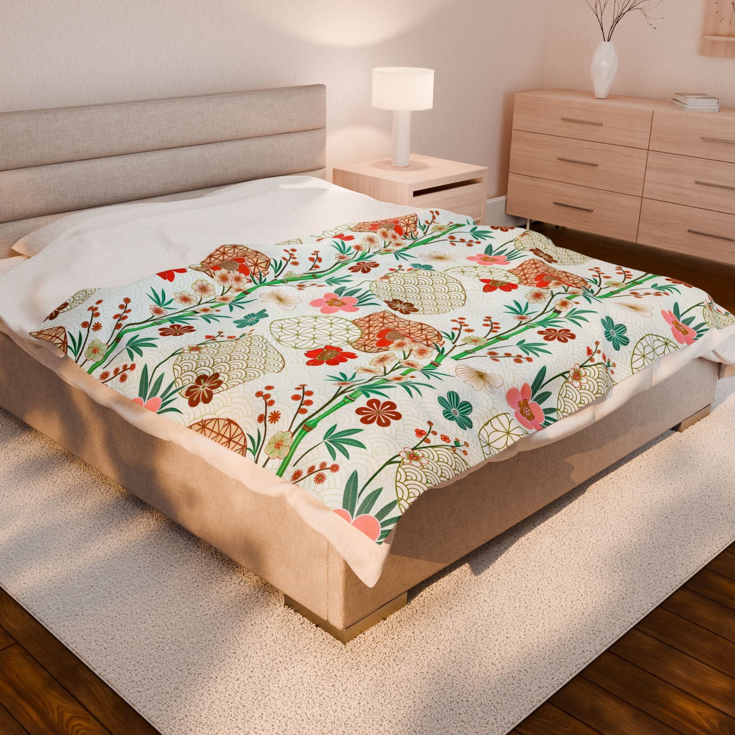 Floral Japanese Circle Velveteen Plush Blanket — Soft Retro Blossom Throw