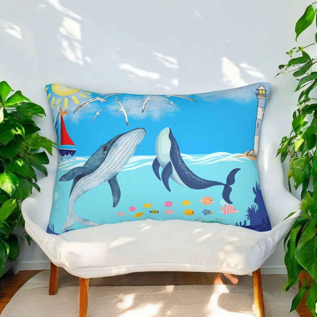 Whale Watching Lumbar Pillow - Coastal Decor for Beach Lovers Printify