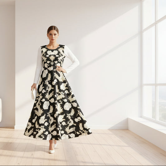 Elegant Dragon Print Long Sleeve Dance Dress | Boho Style, Dance Wear, Vintage Inspired