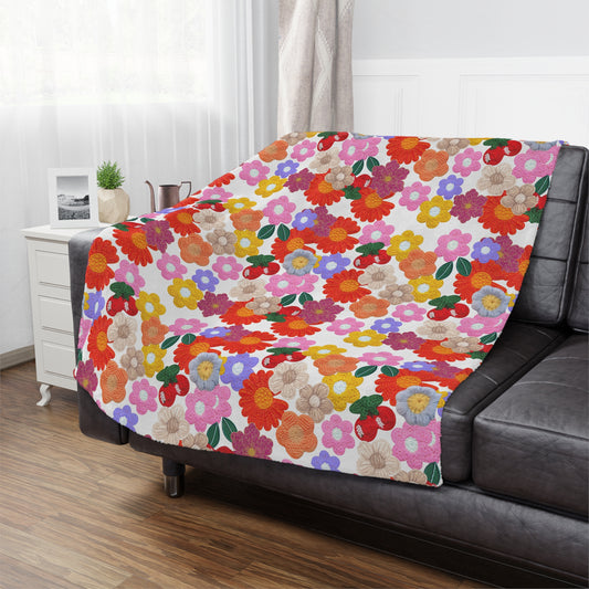 Floral Fiesta Minky Blanket — Bright Retro Flower Pattern, Cozy Throw for Living Room & Kids