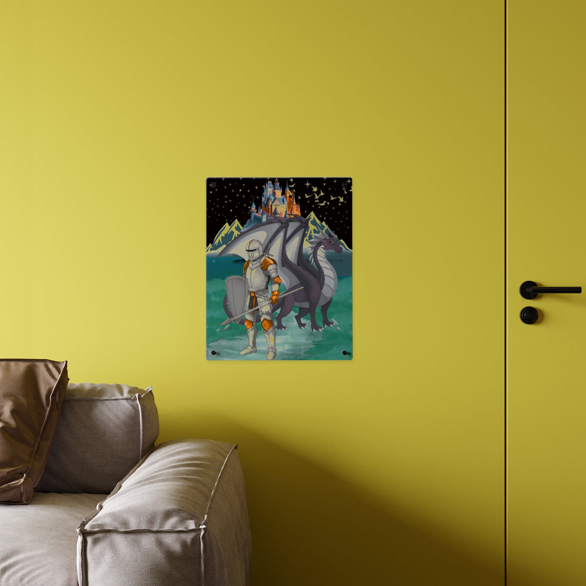 Knight and Dragon Acrylic Wall Art Panel — Fantasy Castle Nightscape Décor Printify