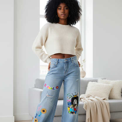 Colorful Graffiti Afro Music Themed Graphic Women's Vintage Wash Distressed Wide Leg Jeans