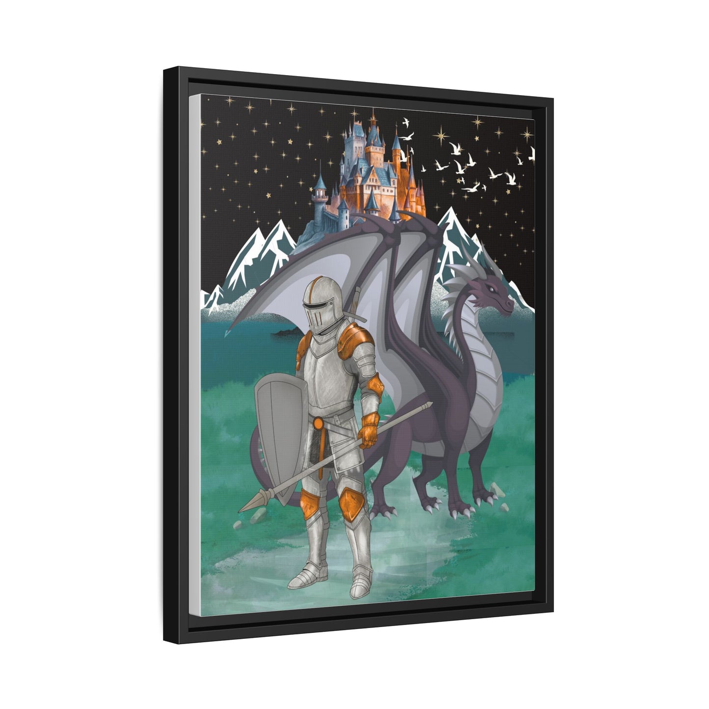 Knight and Dragon Fantasy Art, Framed Matte Canvas