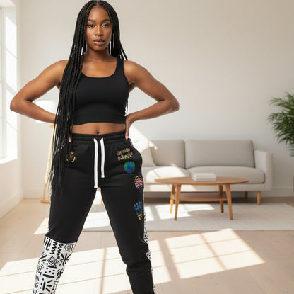 Handcrafted Afro Music Cartoon Art Athletic Joggers, Unisex Sweatpants, African Dance Jogging Pants