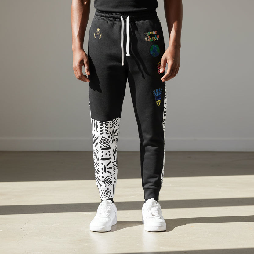 Handcrafted Afro Music Cartoon Art Athletic Joggers, Unisex Sweatpants, African Dance Jogging Pants