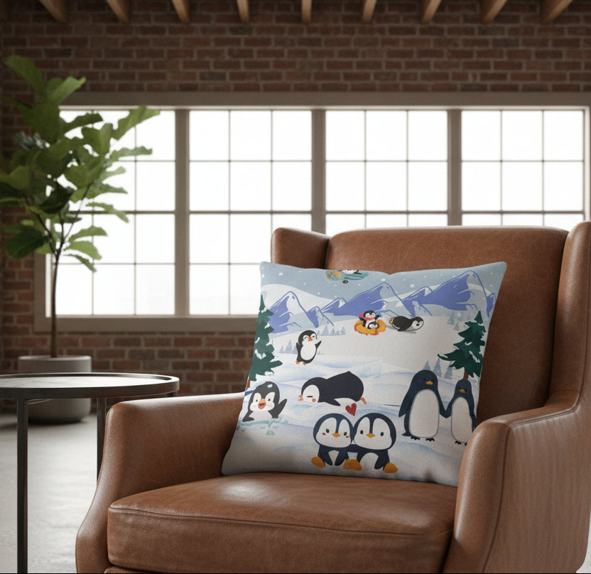 Cute Penguin Square Pillow, Cozy Winter Decor, Animal Lover Gift, Kids Room Accent Printify