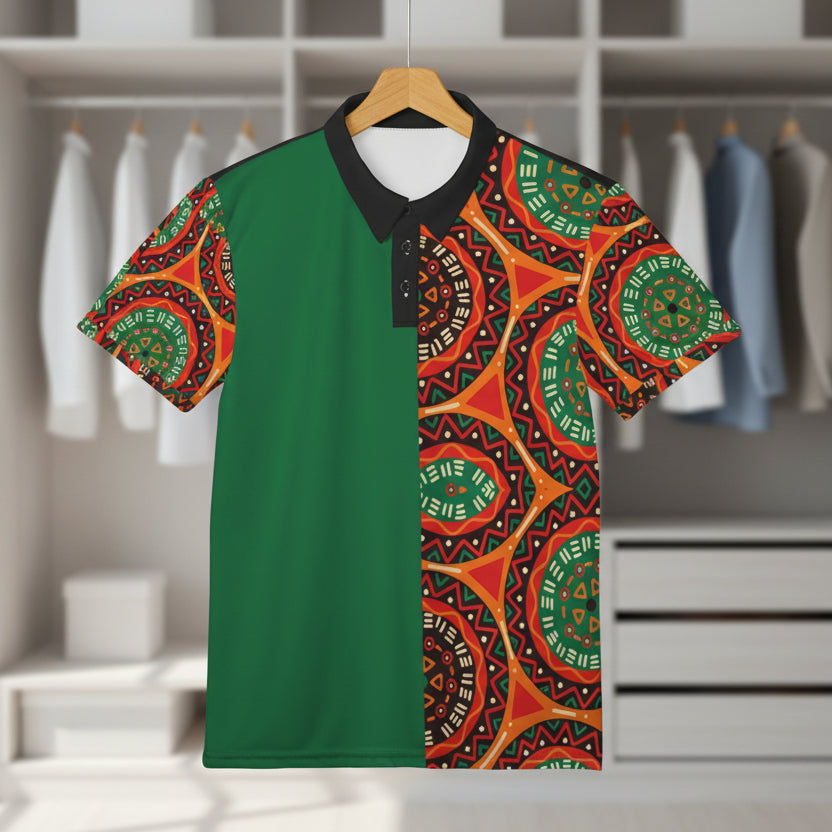 African Mandala Print, Unisex Polo Shirt — Bold Orange & Green Tribal Pattern