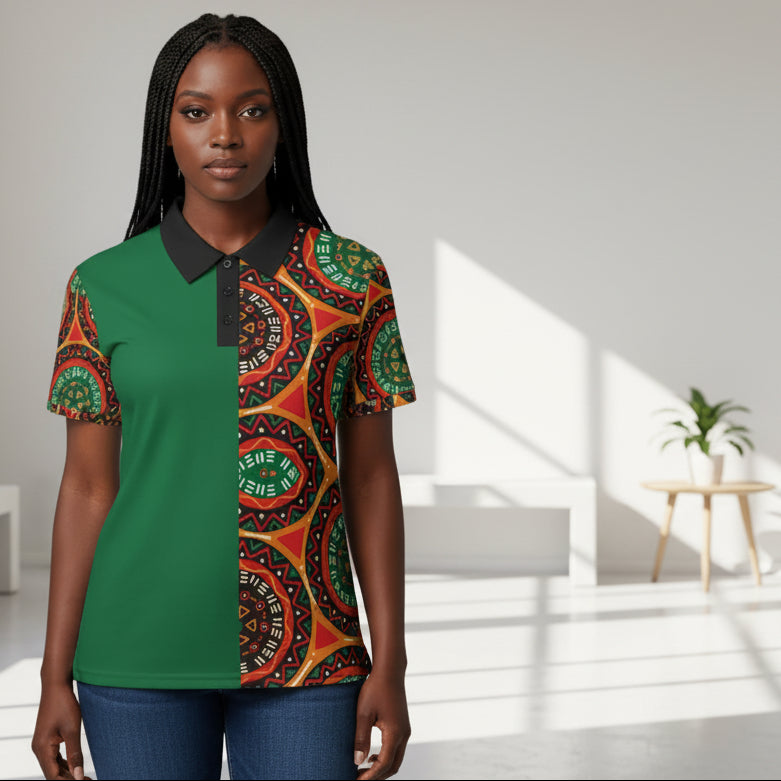 African Mandala Print, Unisex Polo Shirt — Bold Orange & Green Tribal Pattern