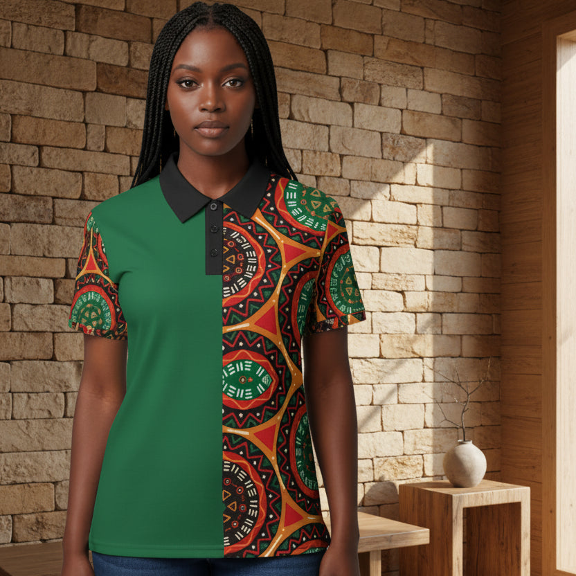 African Mandala Print, Unisex Polo Shirt — Bold Orange & Green Tribal Pattern Printify