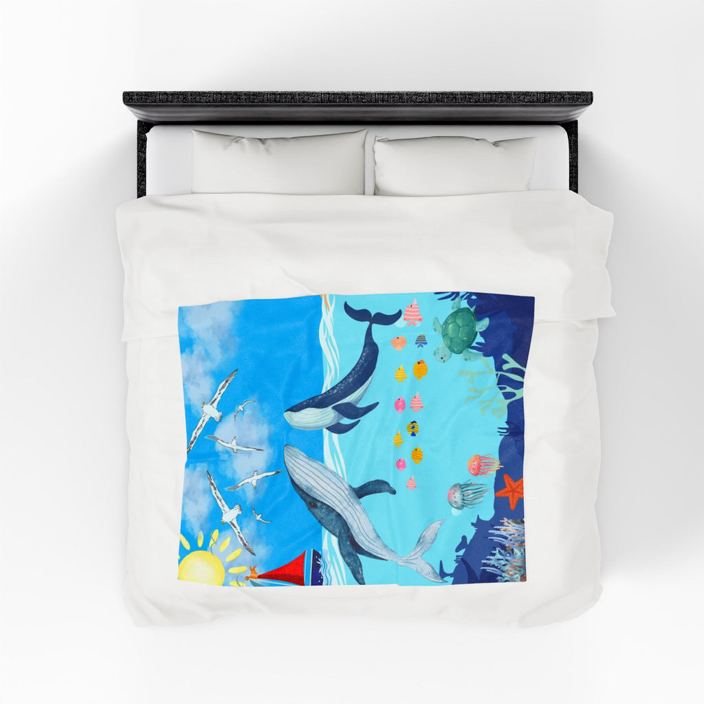 Whale & Ocean Scene Velveteen Plush Blanket – Cozy Decor for Ocean Lovers & Kids Printify