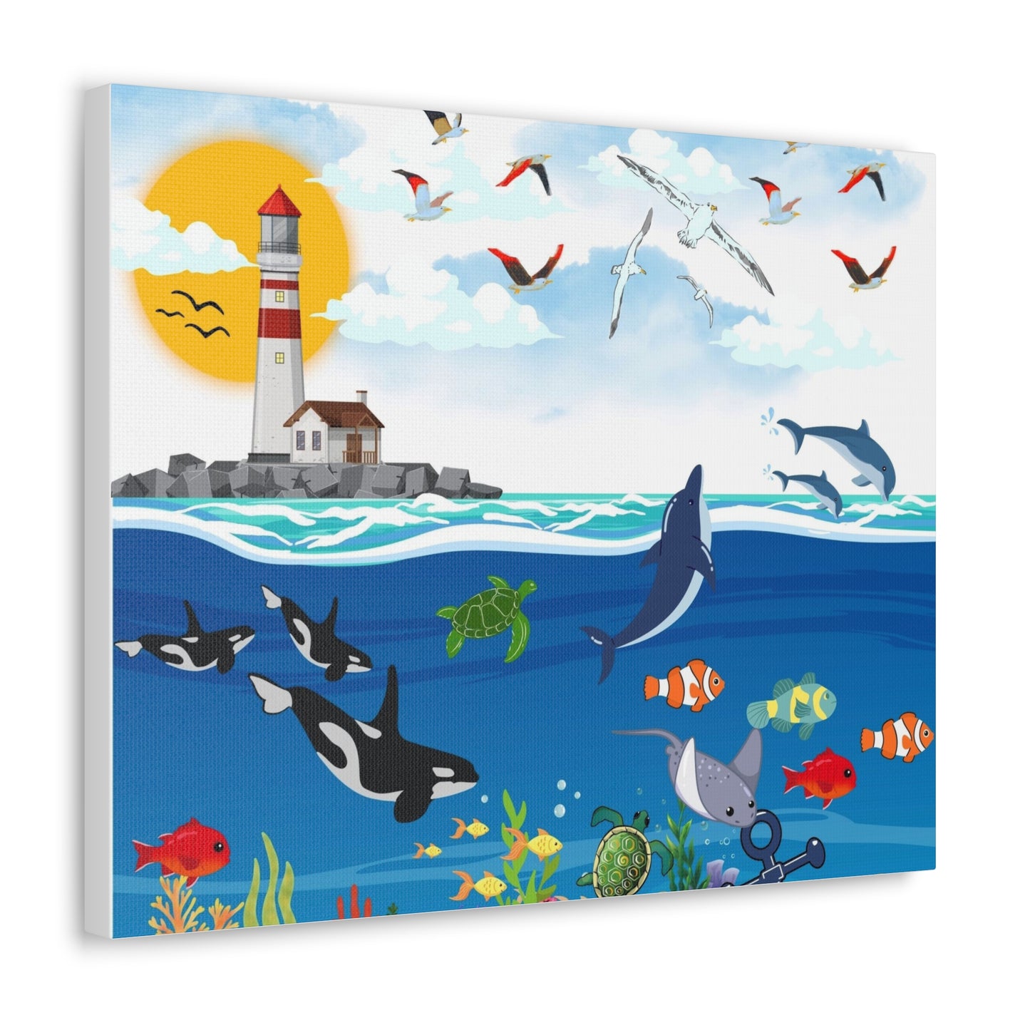 Ocean Symphony Canvas Gallery Wraps, Aquatic Wall Art, Orca Dolphin Decor