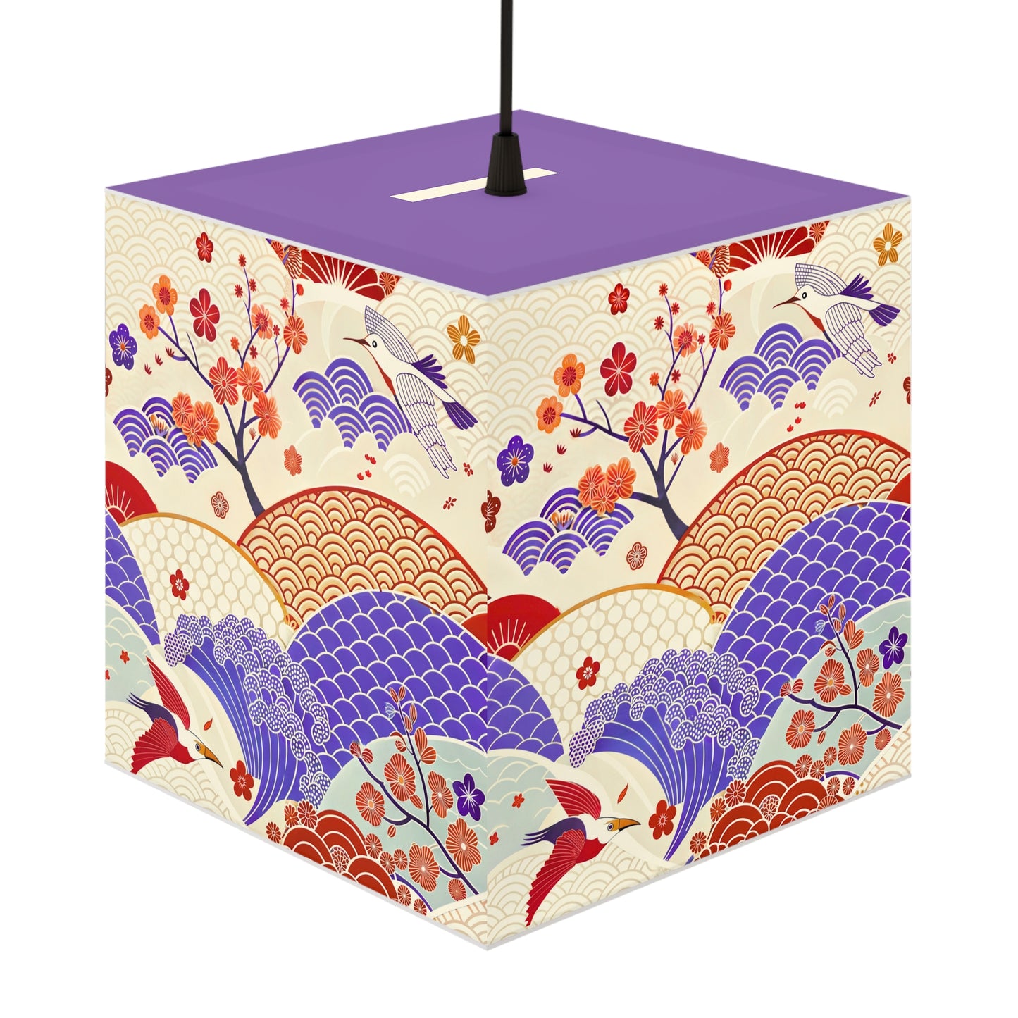 Japanese Wave & Crane Light Cube Lamp — Floral Origami Pattern Ambient Pendant