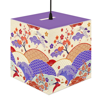 Japanese Wave & Crane Light Cube Lamp — Floral Origami Pattern Ambient Pendant
