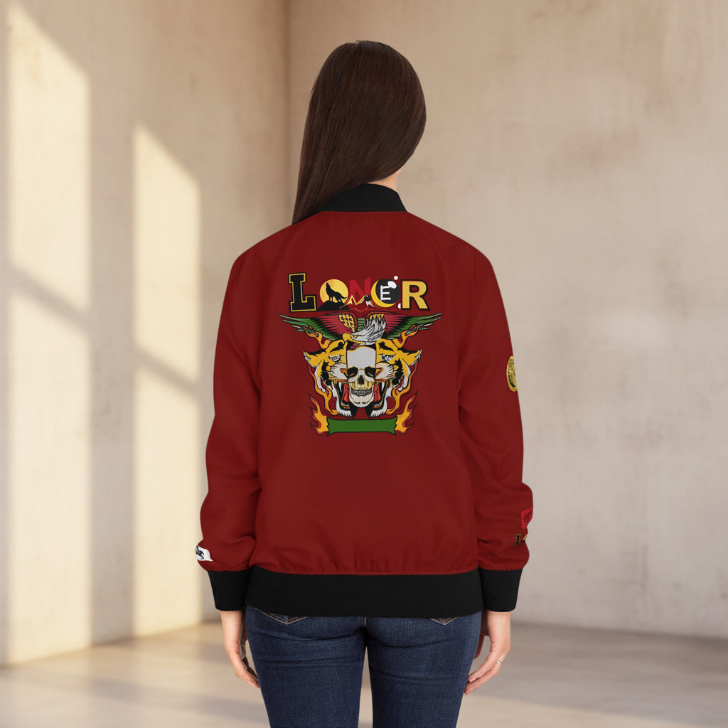 Skull Flames "Loner" Women's Bomber Jacket — Gothic Punk Graphic Outerwear