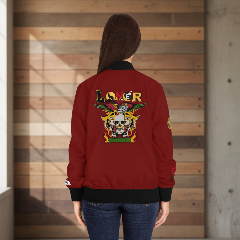 Skull Flames "Loner" Women's Bomber Jacket — Gothic Punk Graphic Outerwear