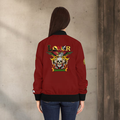 Skull Flames "Loner" Women's Bomber Jacket — Gothic Punk Graphic Outerwear