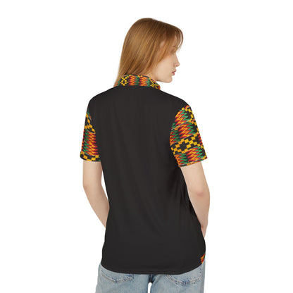 Kente Accent Polo Shirt — Black Polo with Vibrant African Print Collar & Sleeves