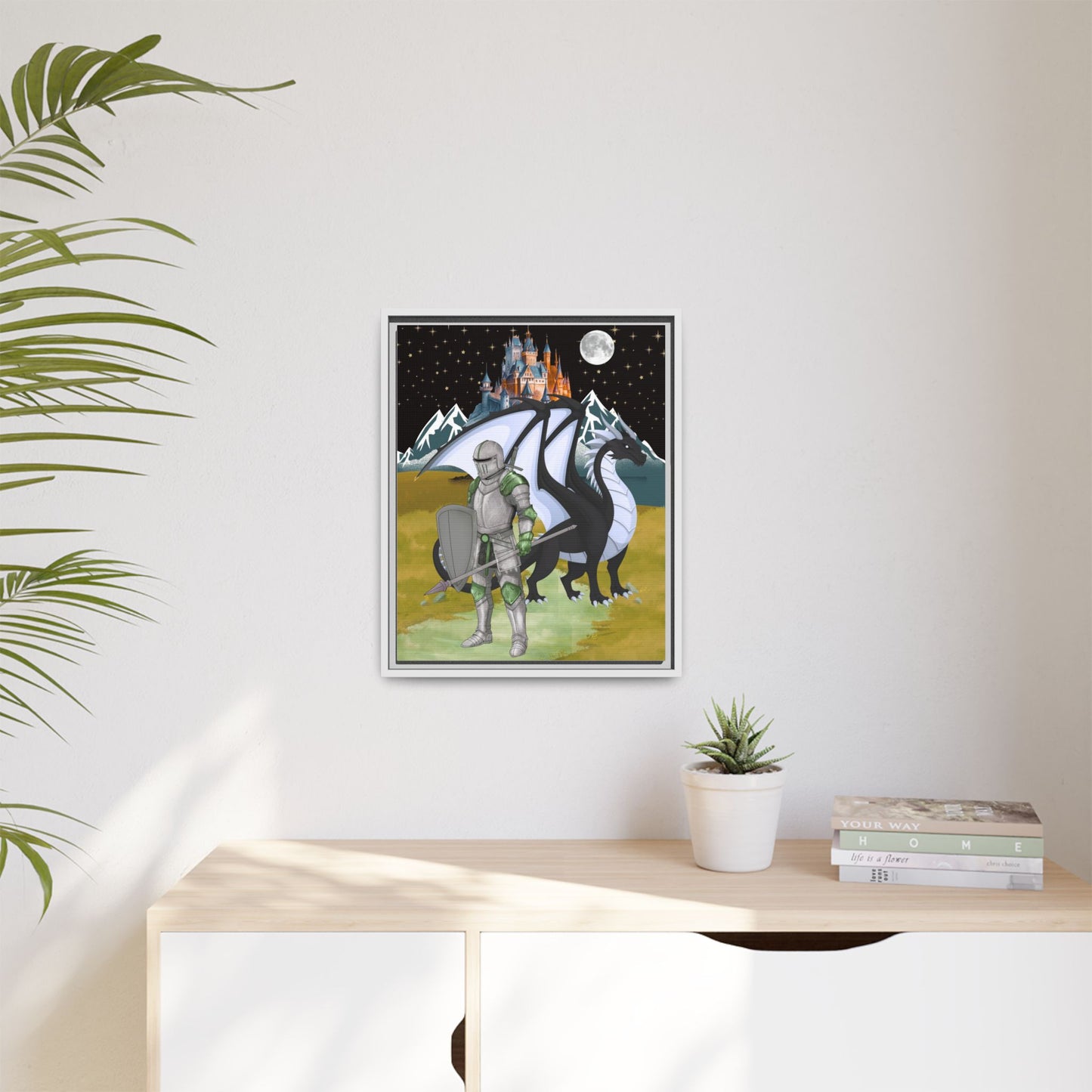 Framed Matte Canvas - Knight and Dragon Fantasy Art