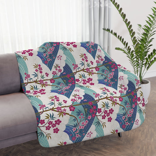 Asia Inspired Floral Sherpa Blanket, Cozy Throw, Snuggle Blanket