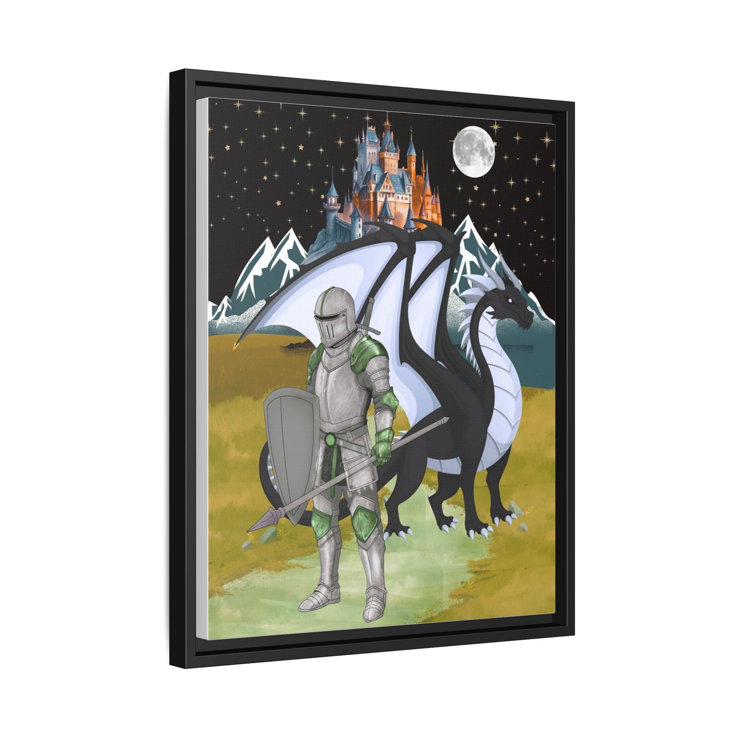 Framed Matte Canvas - Knight and Dragon Fantasy Art
