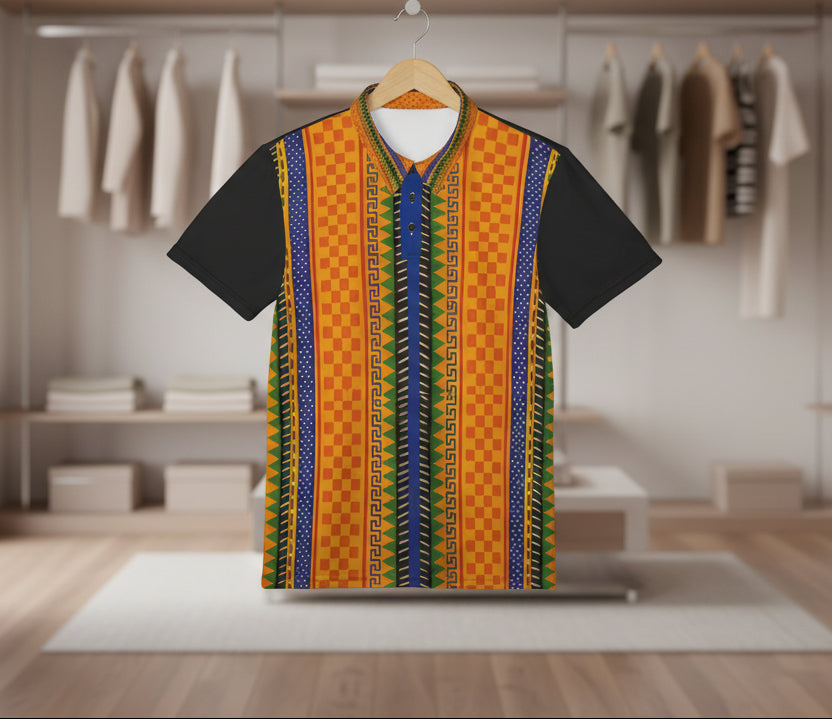 African Kente Stripe Polo Shirt — Vibrant Cultural Print Golf Polo