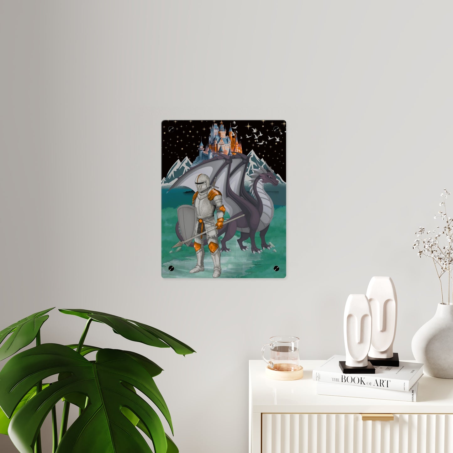 Knight and Dragon Acrylic Wall Art Panel — Fantasy Castle Nightscape Décor