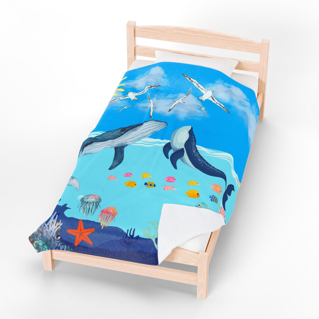 Whale & Ocean Scene Velveteen Plush Blanket – Cozy Decor for Ocean Lovers & Kids Printify