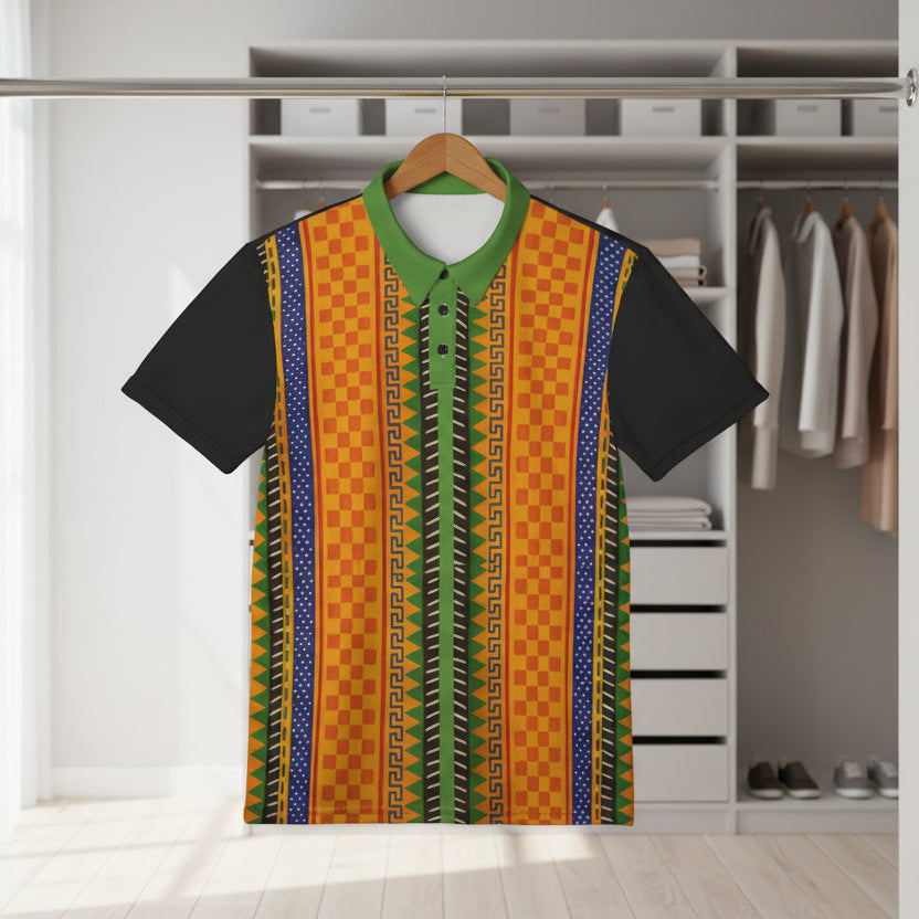 African Kente Stripe Polo Shirt — Vibrant Cultural Print Golf Polo