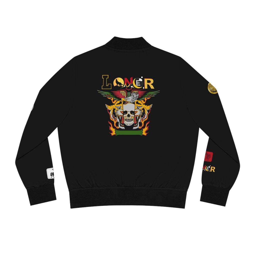 Skull Flames "Loner" Women's Bomber Jacket — Gothic Punk Graphic Outerwear Printify