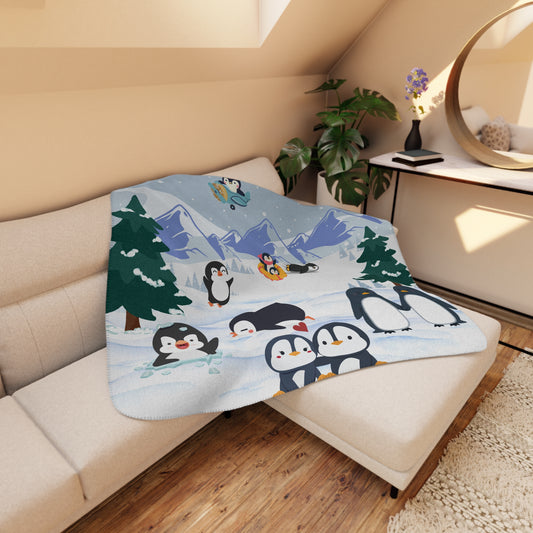 Cozy Penguin Sherpa Blanket, Cute Throw for Winter, Penguin Lovers Gift, Snuggle Blanket