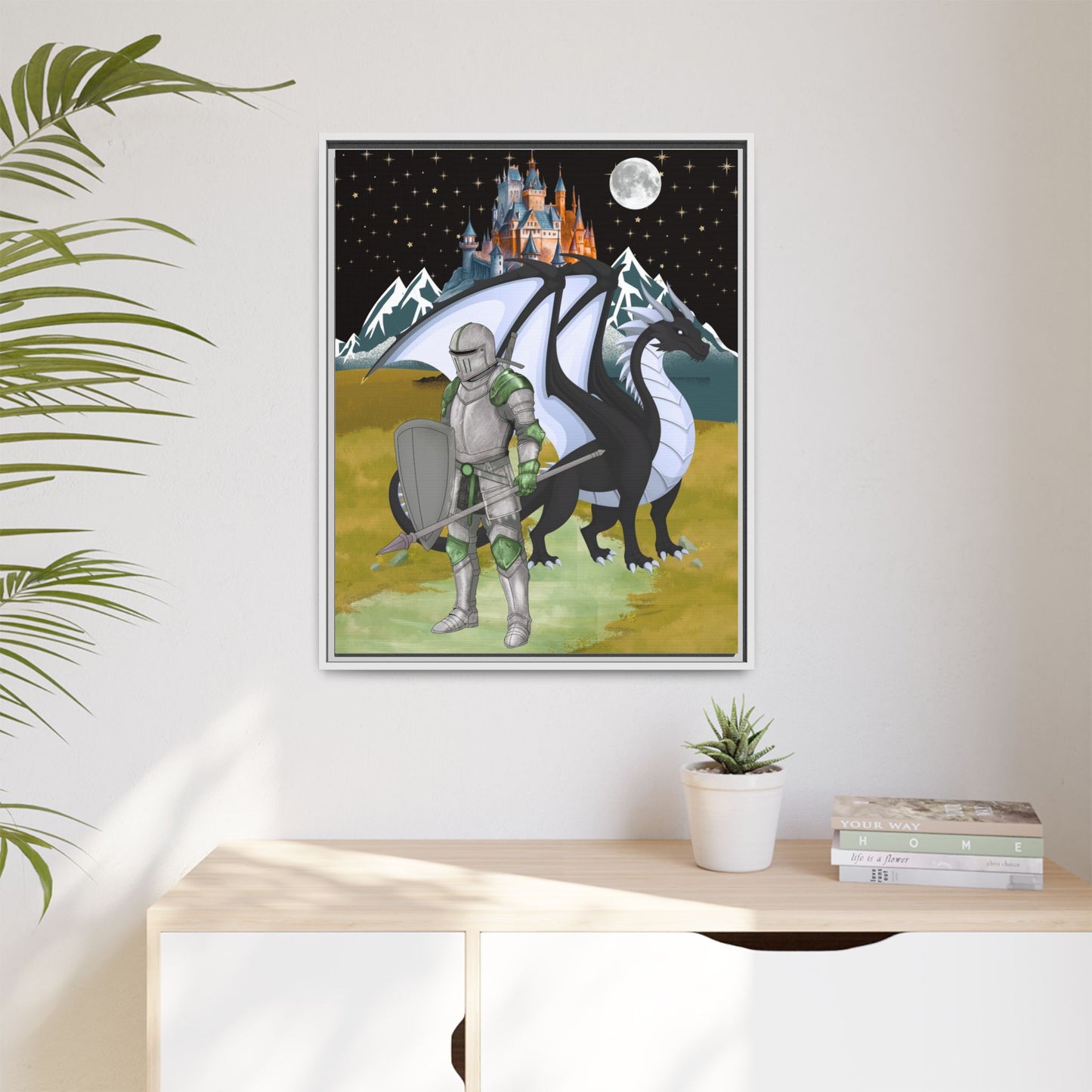 Framed Matte Canvas - Knight and Dragon Fantasy Art