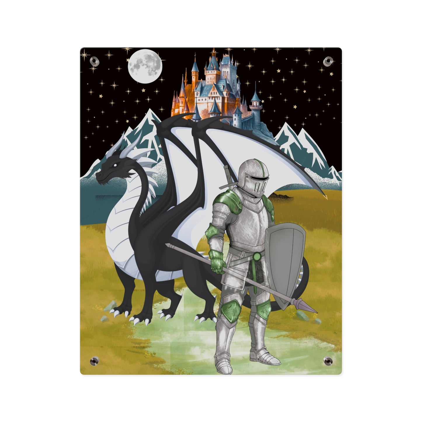 Knight and Dragon Acrylic Wall Art Panel — Fantasy Castle Nightscape Décor