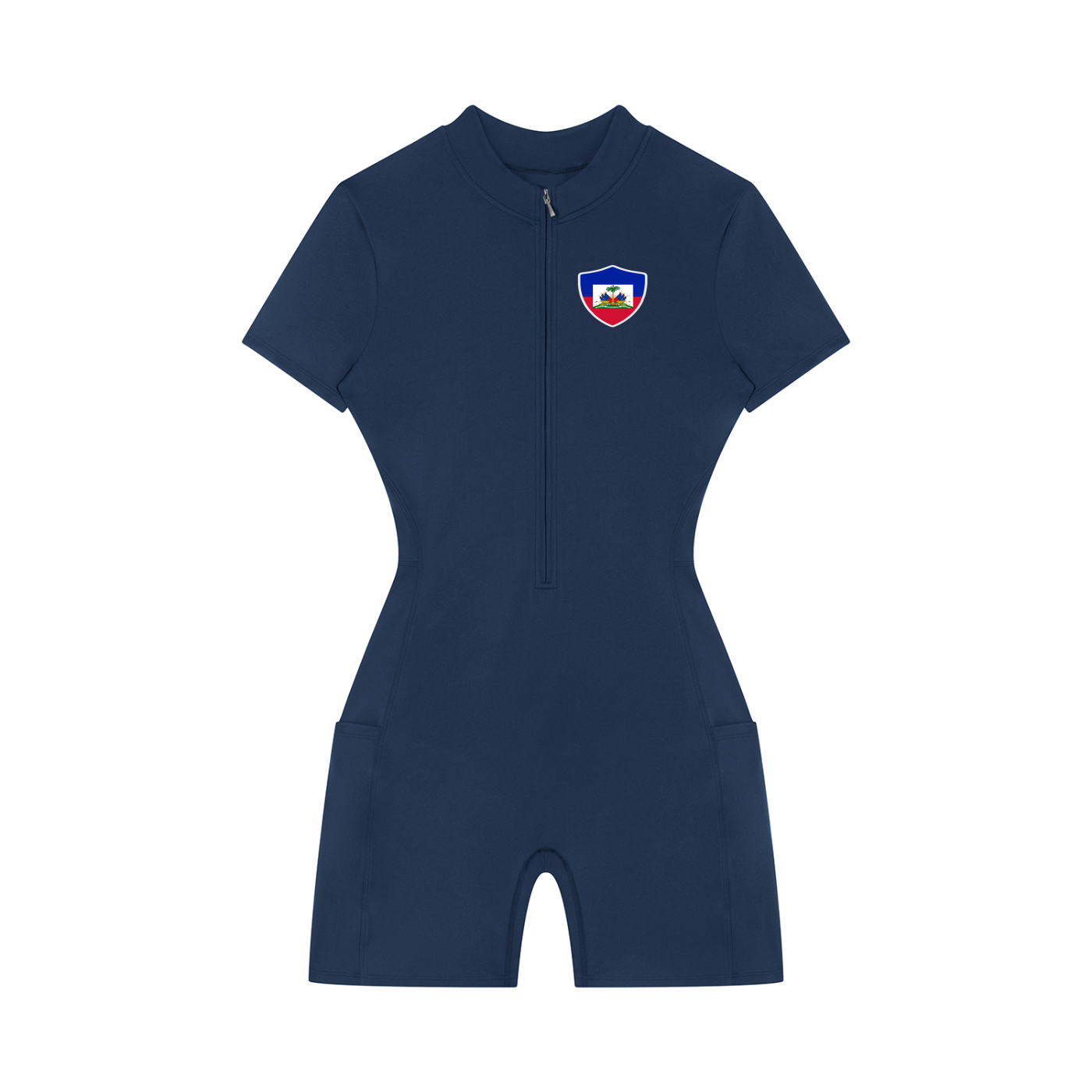 Haiti Flag Themed Women's Quarter-Zip Short Sleeve Romper