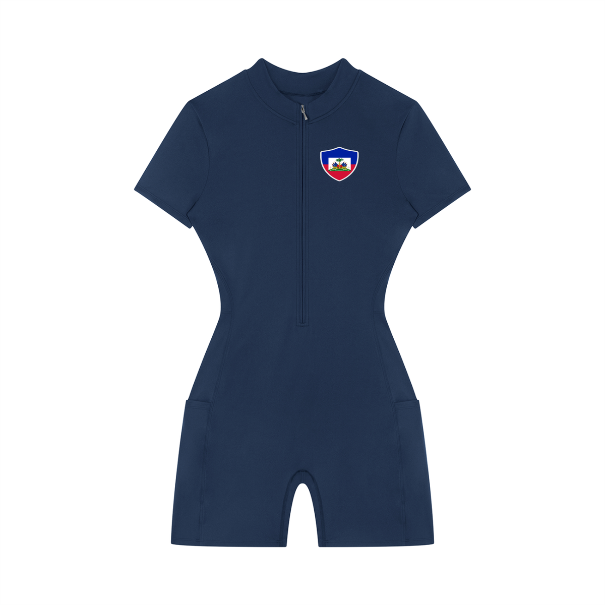 Women's Quarter-Zip Short Sleeve Romper featuring the Haiti Flag Art