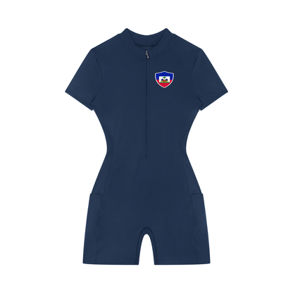 Haiti Flag Themed Women's Quarter-Zip Short Sleeve Romper