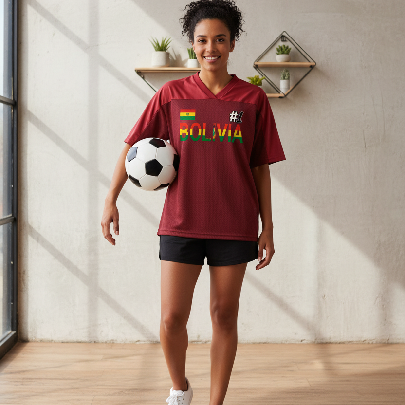 Bolivia Flag Themed Unisex Oversized Mesh V-Neck Soccer Jersey
