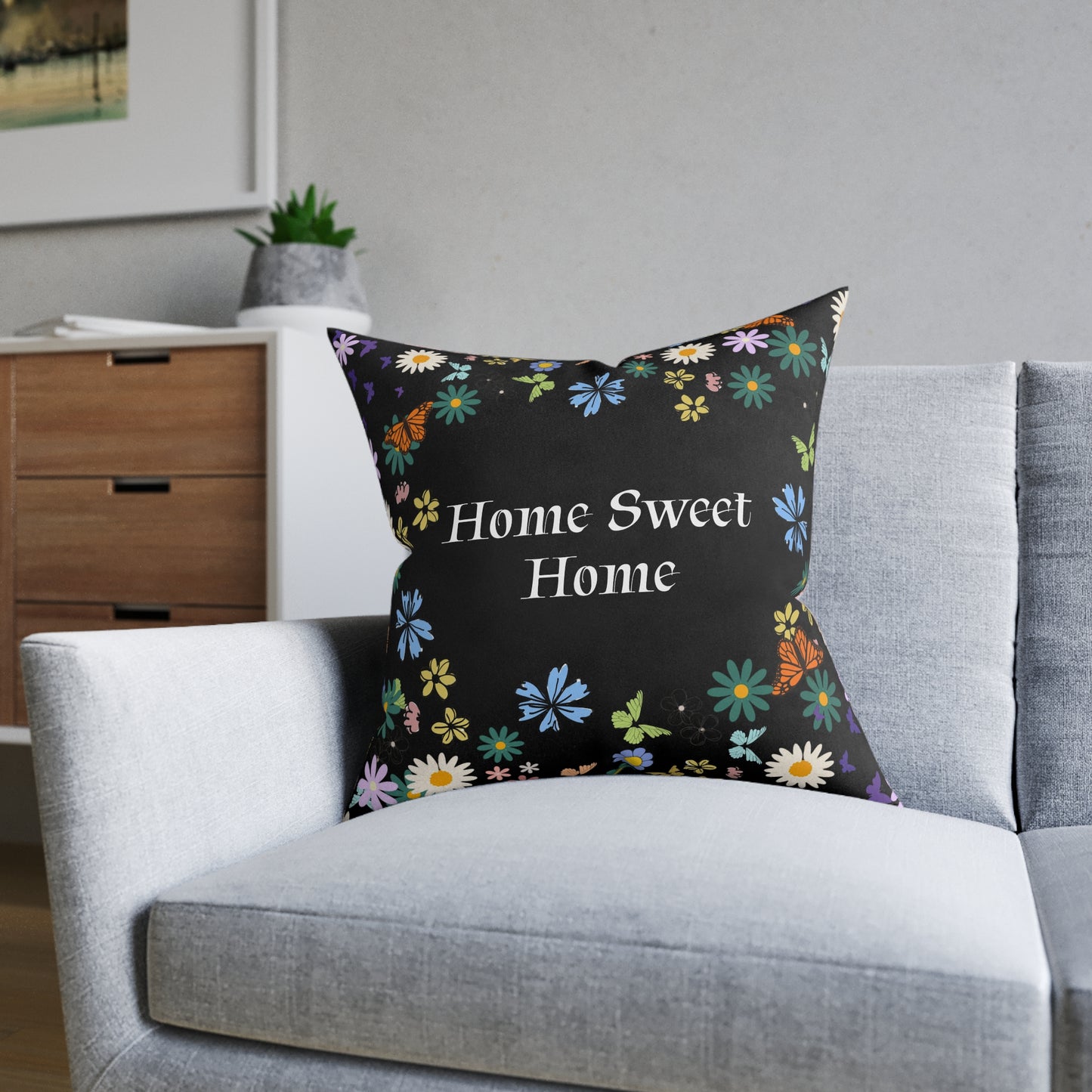 Floral Home Sweet Home Square Pillow - Cozy Decor for Living Room & Bedroom