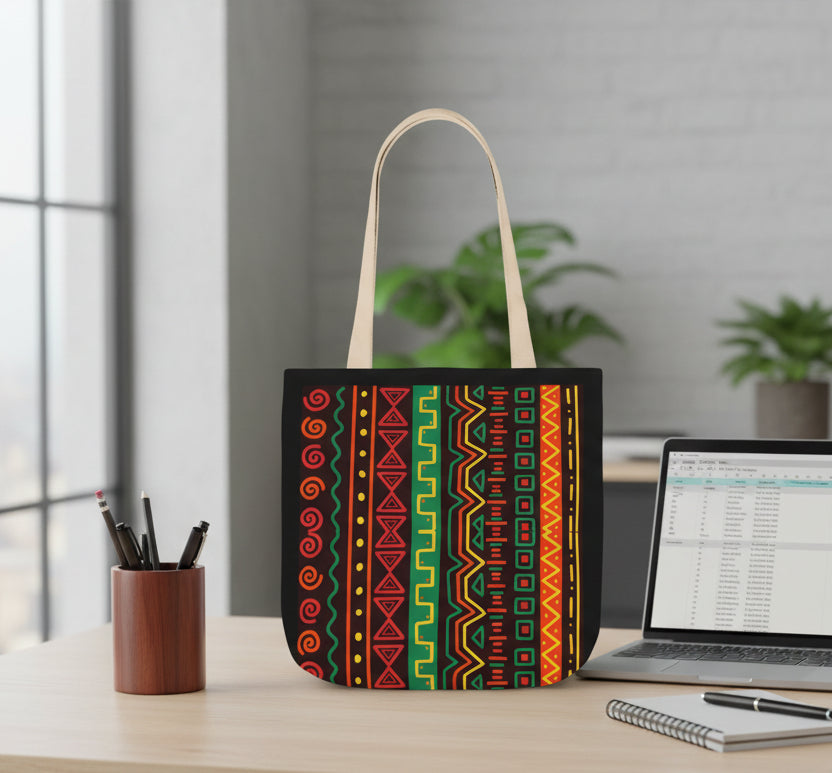 Afrocentric Pattern Canvas Tote — Colorful Tribal Stripe Beach & Market Bag