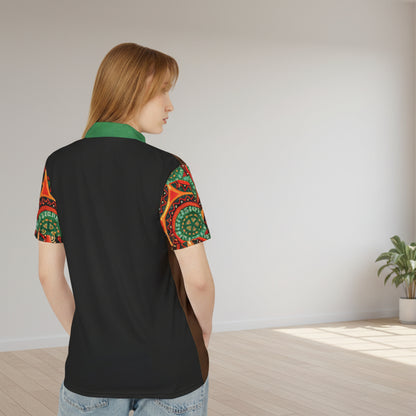 African-Inspired Half-Print Polo Shirt — Bold Tribal Mandala Design