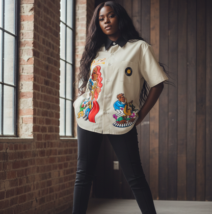 Afro Singer, Jazz Music Themed Graphic Unisex Color Block Short Sleeve Shirt