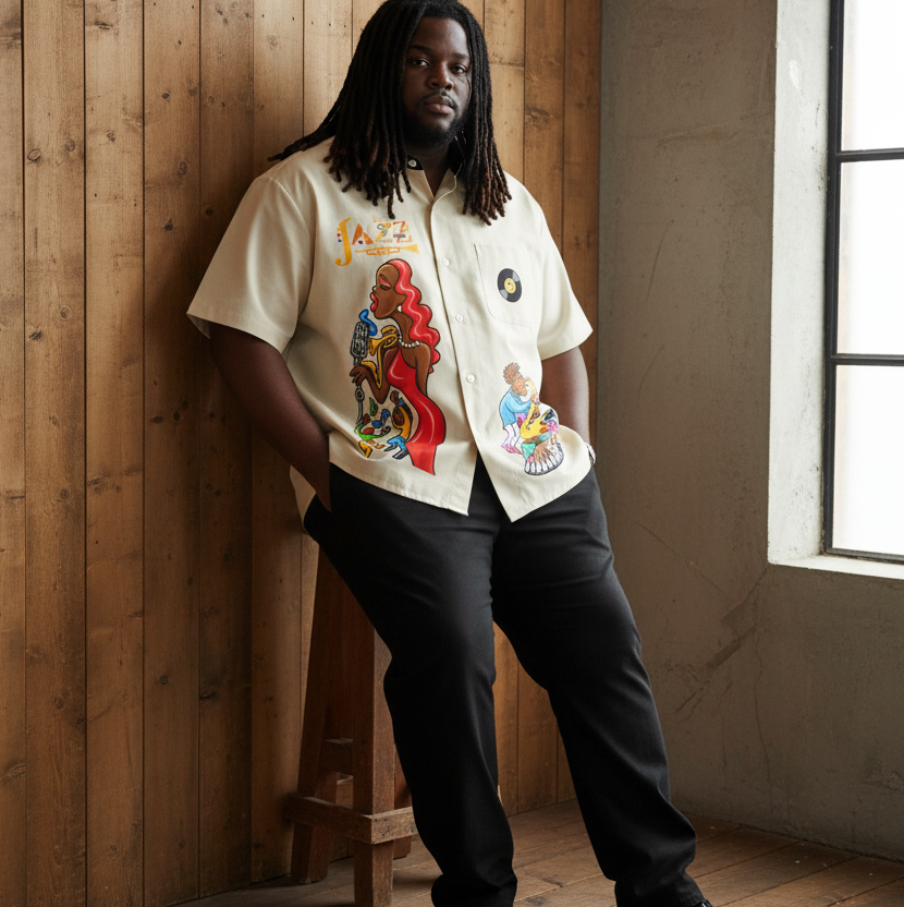 Afro Singer, Jazz Music Themed Graphic Unisex Color Block Short Sleeve Shirt