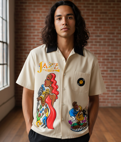 Afro Singer, Jazz Music Themed Graphic Unisex Color Block Short Sleeve Shirt