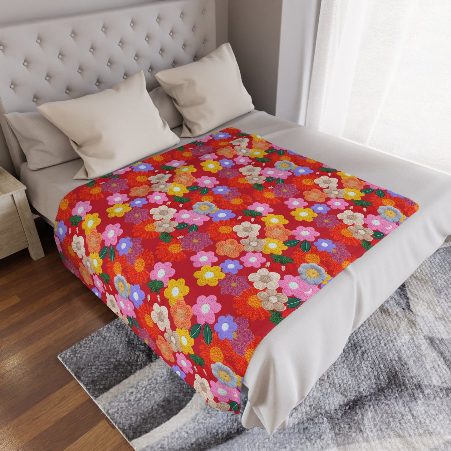 Floral Fiesta Minky Blanket — Bright Retro Flower Pattern, Cozy Throw for Living Room & Kids