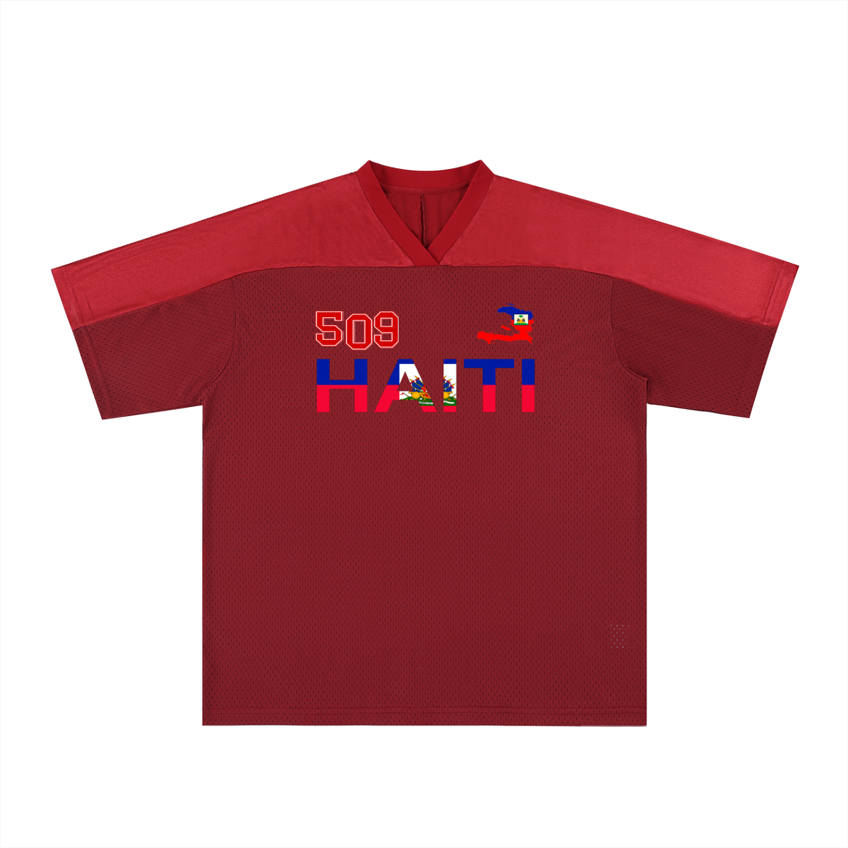 Oversized Unisex V-Neck Soccer Jersey Featuring a Haiti Flag-Inspired Mesh Design