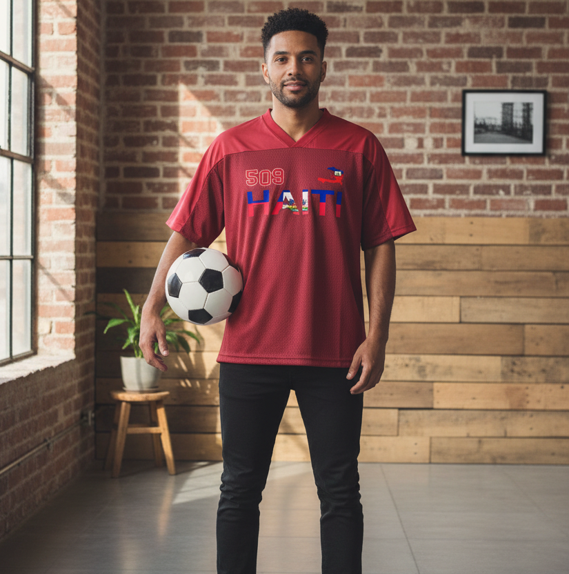Oversized Unisex V-Neck Soccer Jersey Featuring a Haiti Flag-Inspired Mesh Design