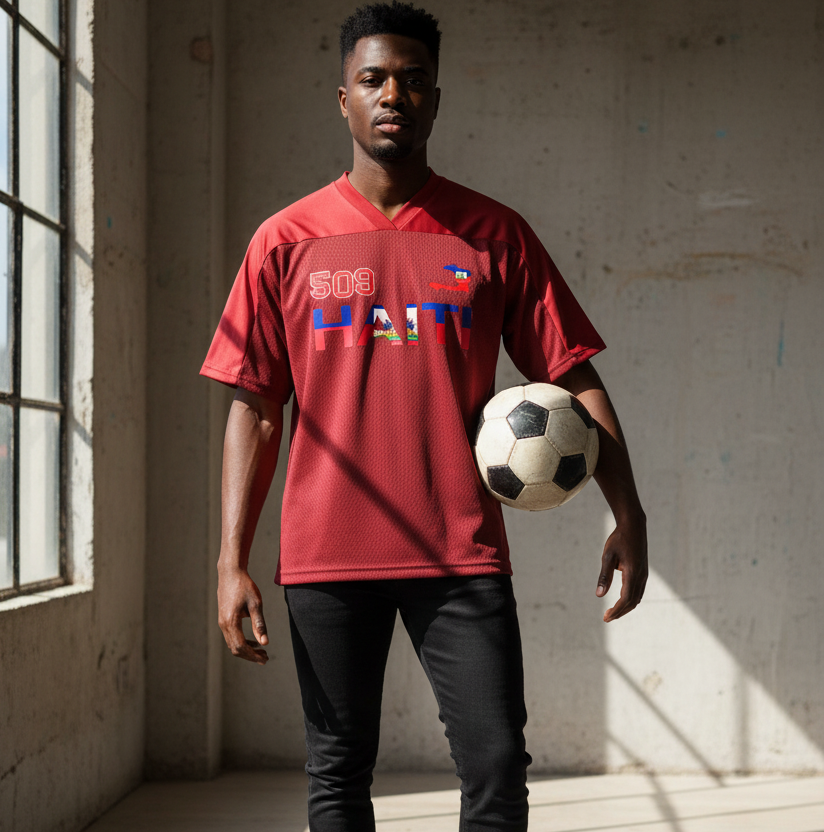 Oversized Unisex V-Neck Soccer Jersey Featuring a Haiti Flag-Inspired Mesh Design