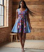 Colorful Patchwork Skater Dress — Geometric Top & Denim Patch Print