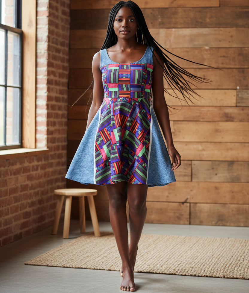 Colorful Patchwork Skater Dress — Geometric Top & Denim Patch Print