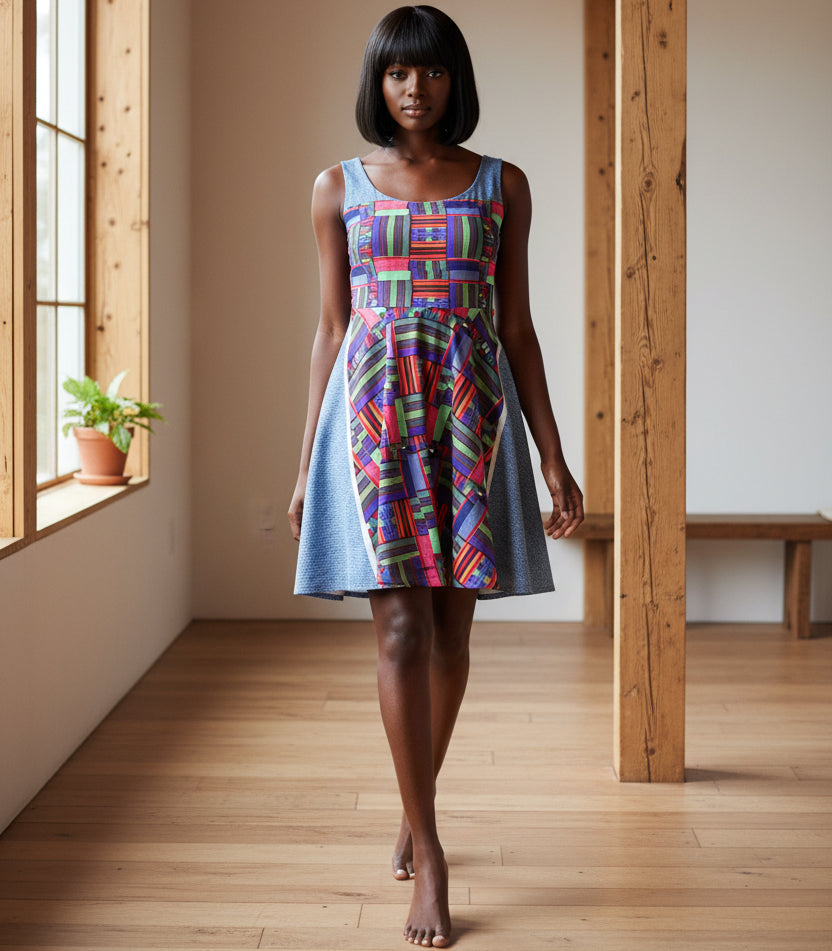 Colorful Patchwork Skater Dress — Geometric Top & Denim Patch Print Printify