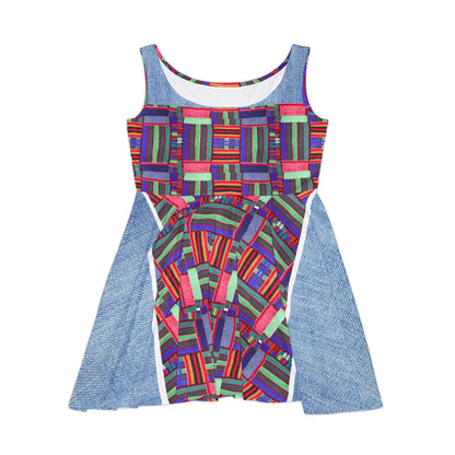 Colorful Patchwork Skater Dress — Geometric Top & Denim Patch Print